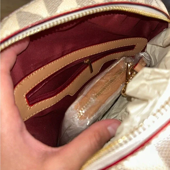 Designer Style Medium Backpack + Matching Wallet Set Tan Brown Geometric Print - Picture 8 of 9